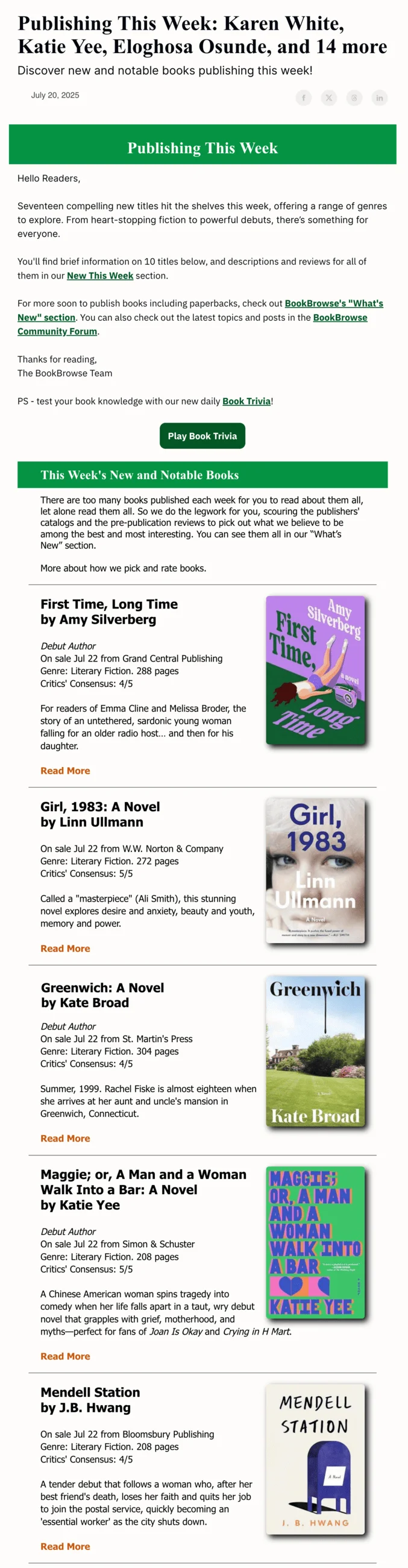 A BookBrowse email newsletter titled “Publishing This Week: Karen White, Katie Yee, Eloghosa Osunde, and 14 more”