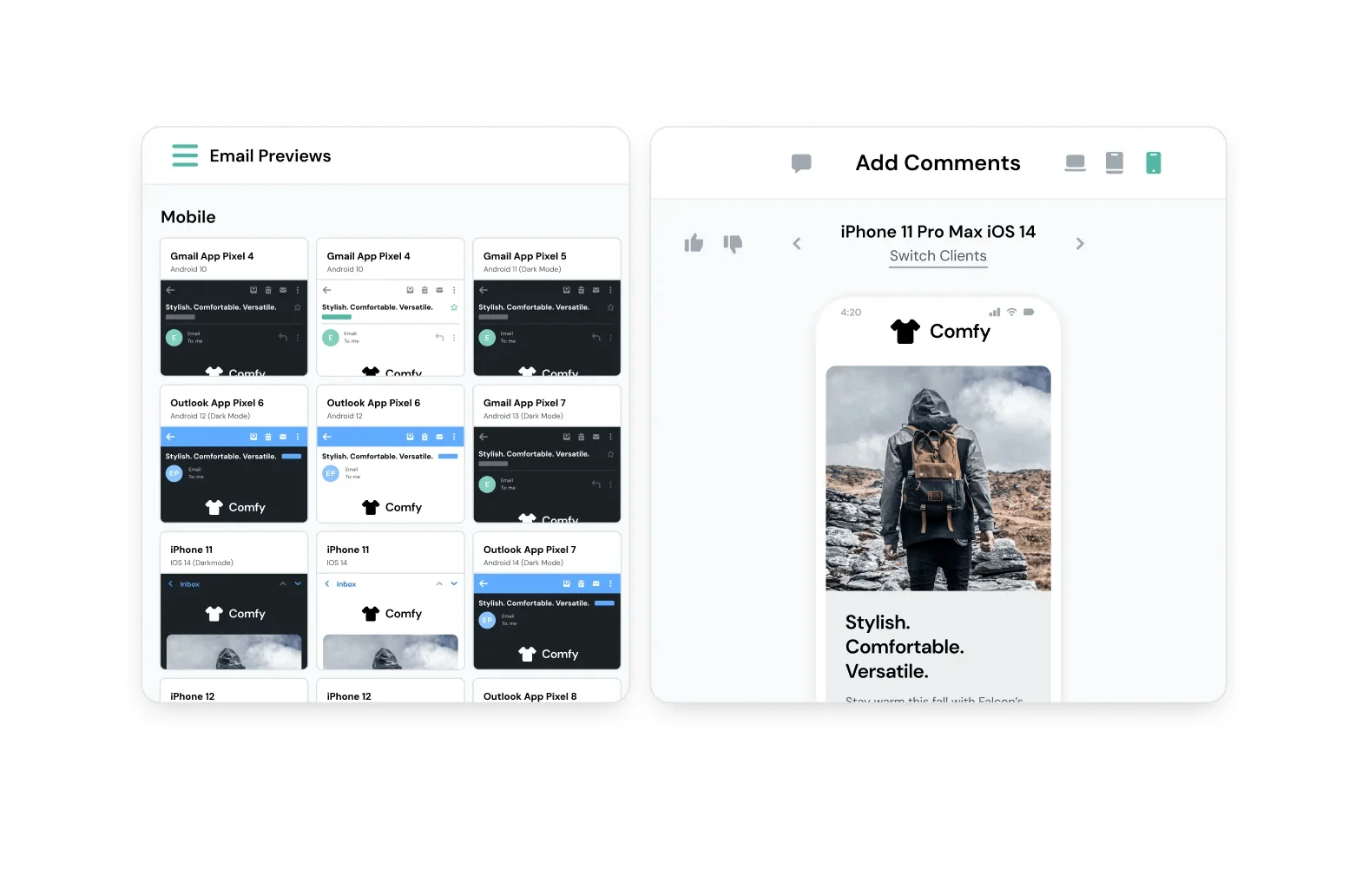 Email on Acid platform displaying mobile email previews across various devices and clients, including Gmail, Outlook, and iPhone, with comment and approval functionality