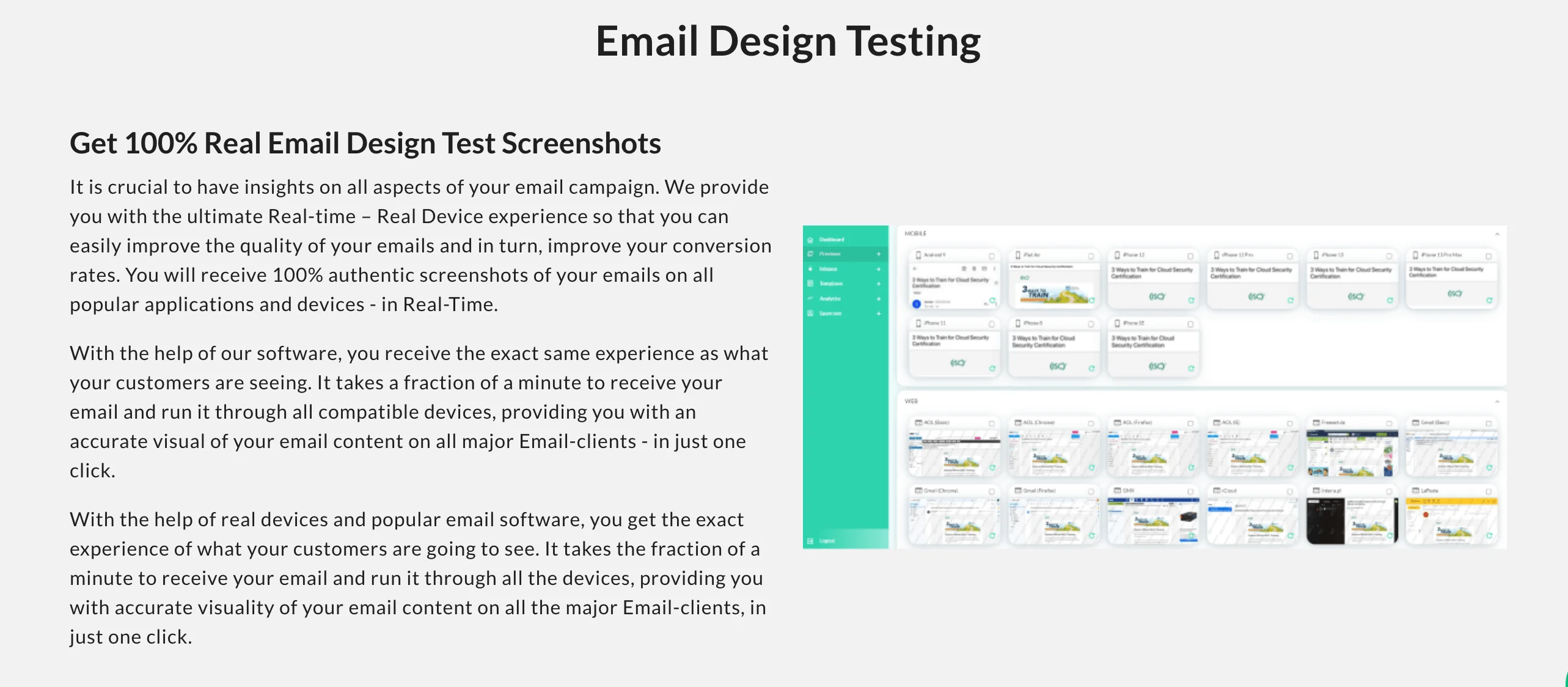 Email Preview Services interface showcasing real-time email design tests across multiple devices and email clients, emphasizing 100% authentic rendering screenshots