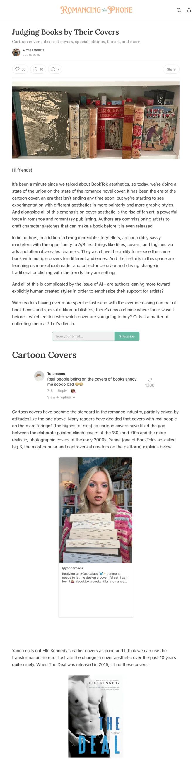 An issue of the Romancing the Phone email newsletter titled “Judging Books by Their Covers”