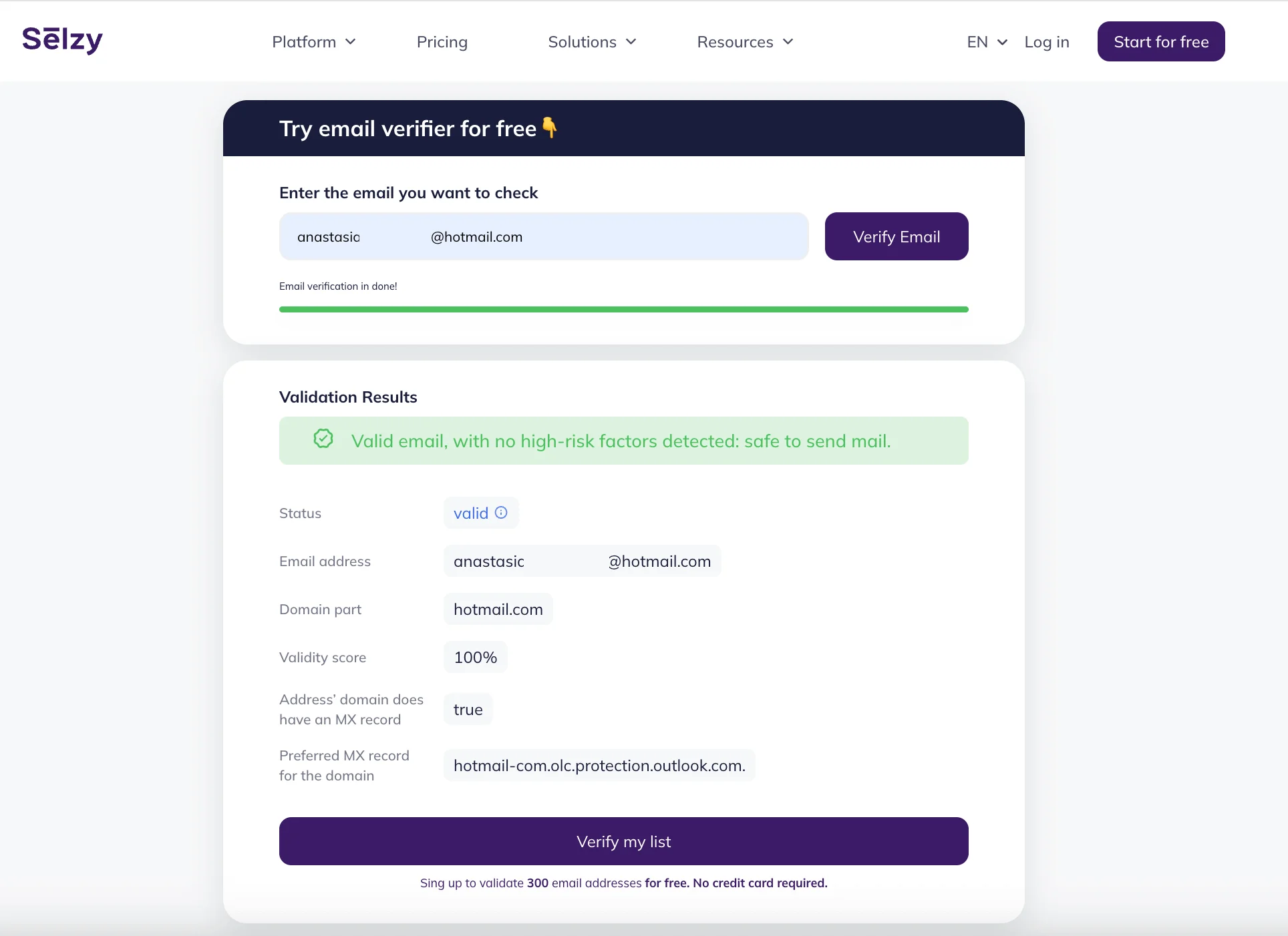 Selzy’s email verifier interface showing validation results for an address, including status, domain, MX record check, and a 100% validity score