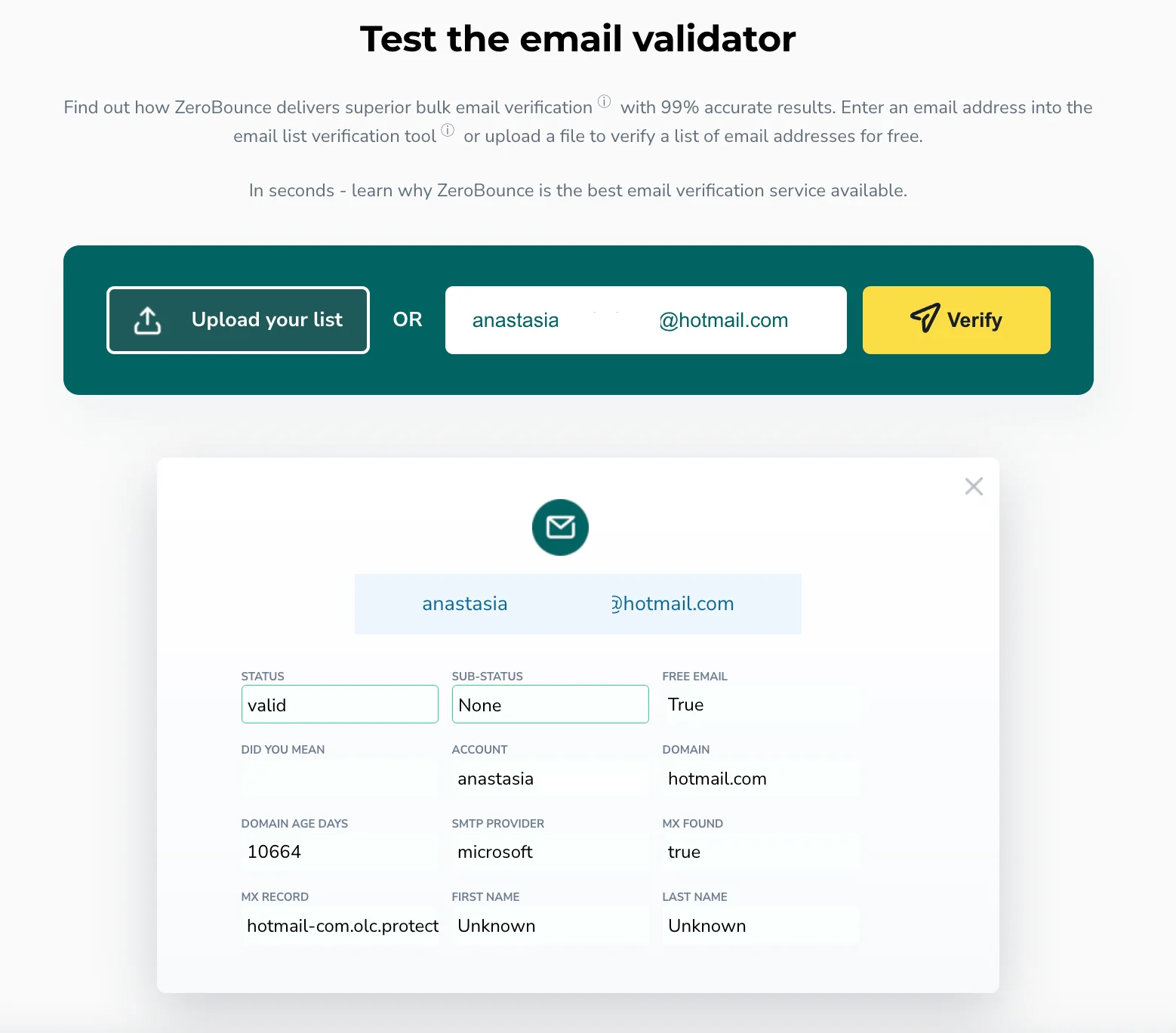 ZeroBounce’s email validator interface displaying results for a tested email, including status, domain, SMTP provider, MX record, and domain age data