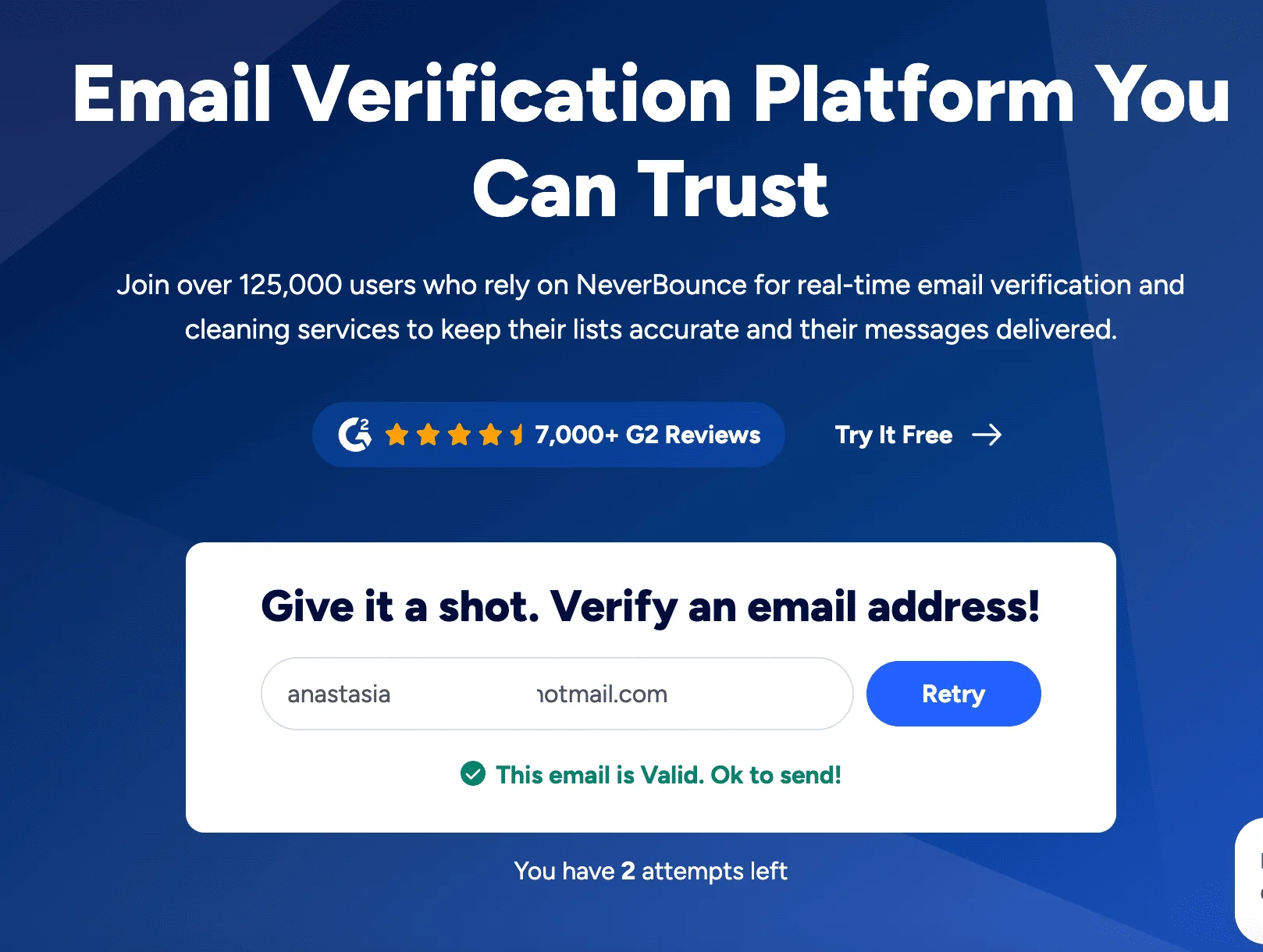 NeverBounce email verification result confirming a valid email address, with message “Ok to send” displayed beneath the input field