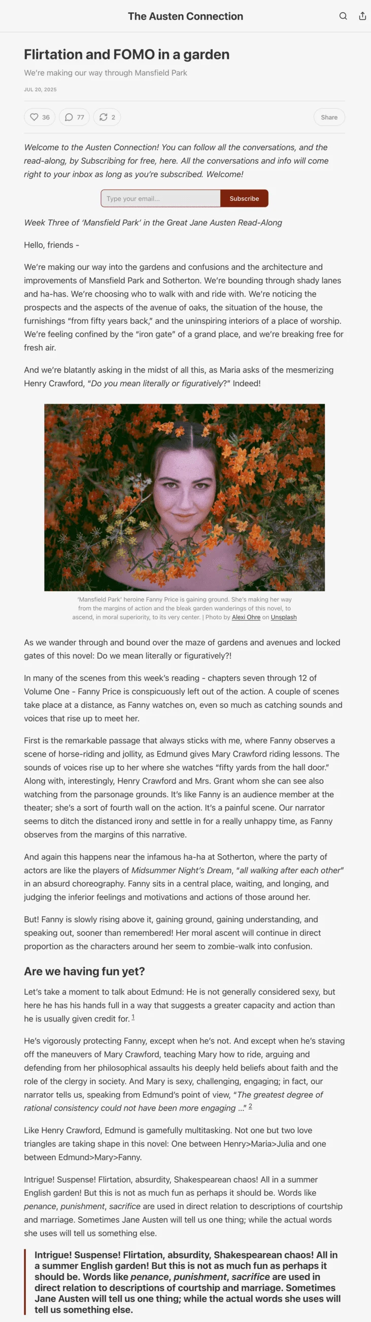 The Austen Connection email newsletter titled “Flirtation and FOMO in a garden”