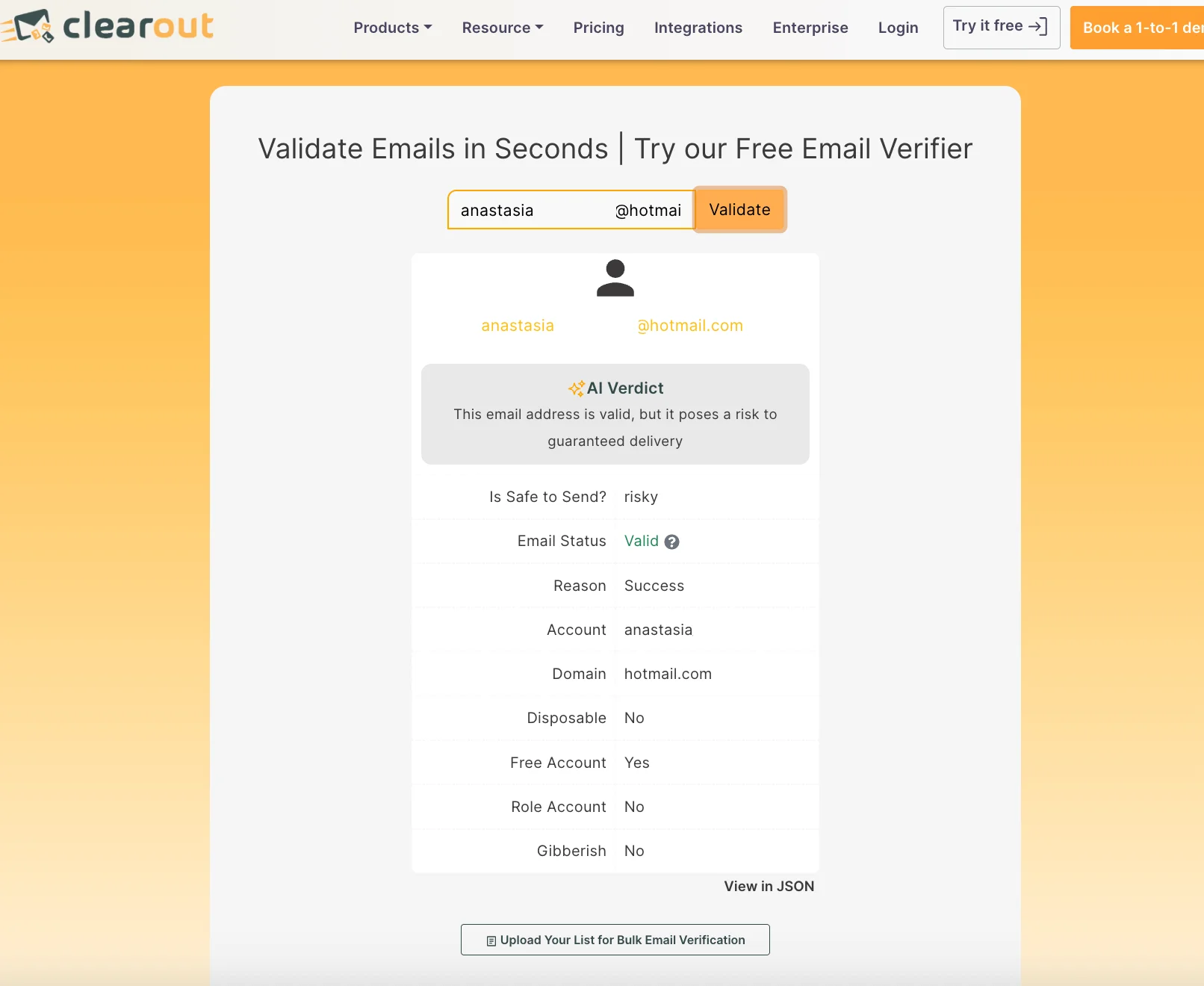 Clearout email verification tool showing an AI verdict that the address is valid but marked as risky for guaranteed delivery