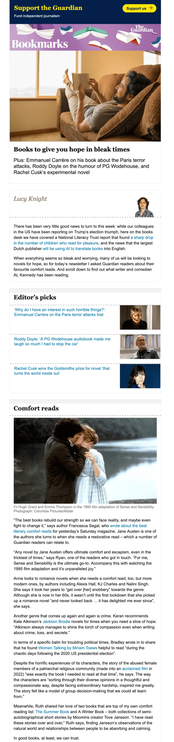 The Guardian — Bookmarks email newsletter titled “Books to give you hope in bleak times”