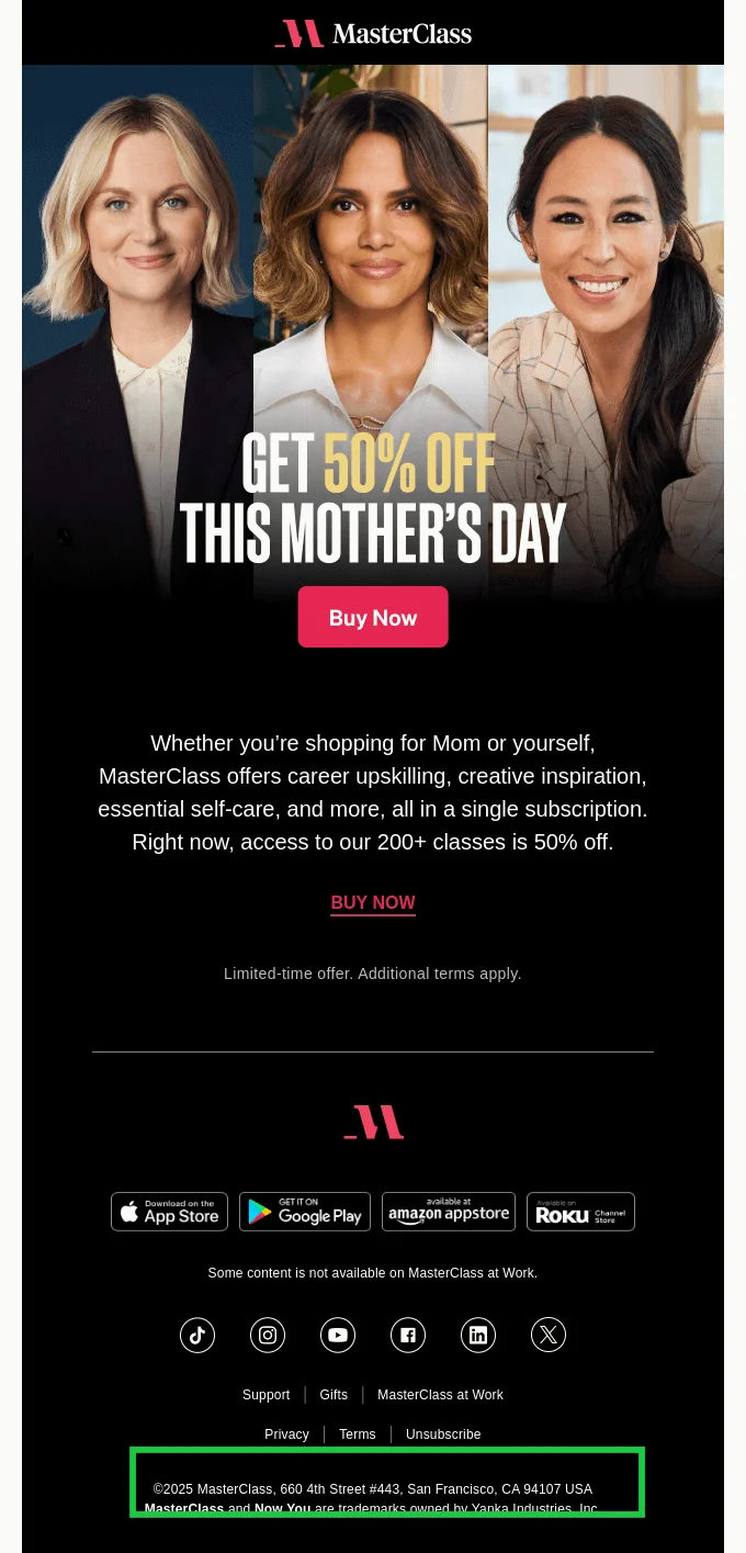 Promotional email from MasterClass highlighting a 50% off Mother’s Day offer, with the legally required sender address clearly visible at the bottom of the message
