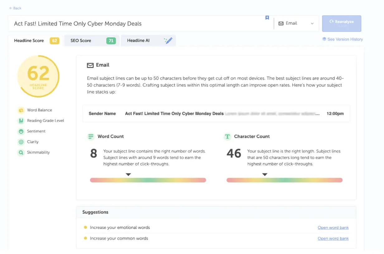 CoSchedule Headline Analyzer showing score breakdown for an email subject line, with metrics like word count, character count, sentiment, and clarity, plus optimization suggestions