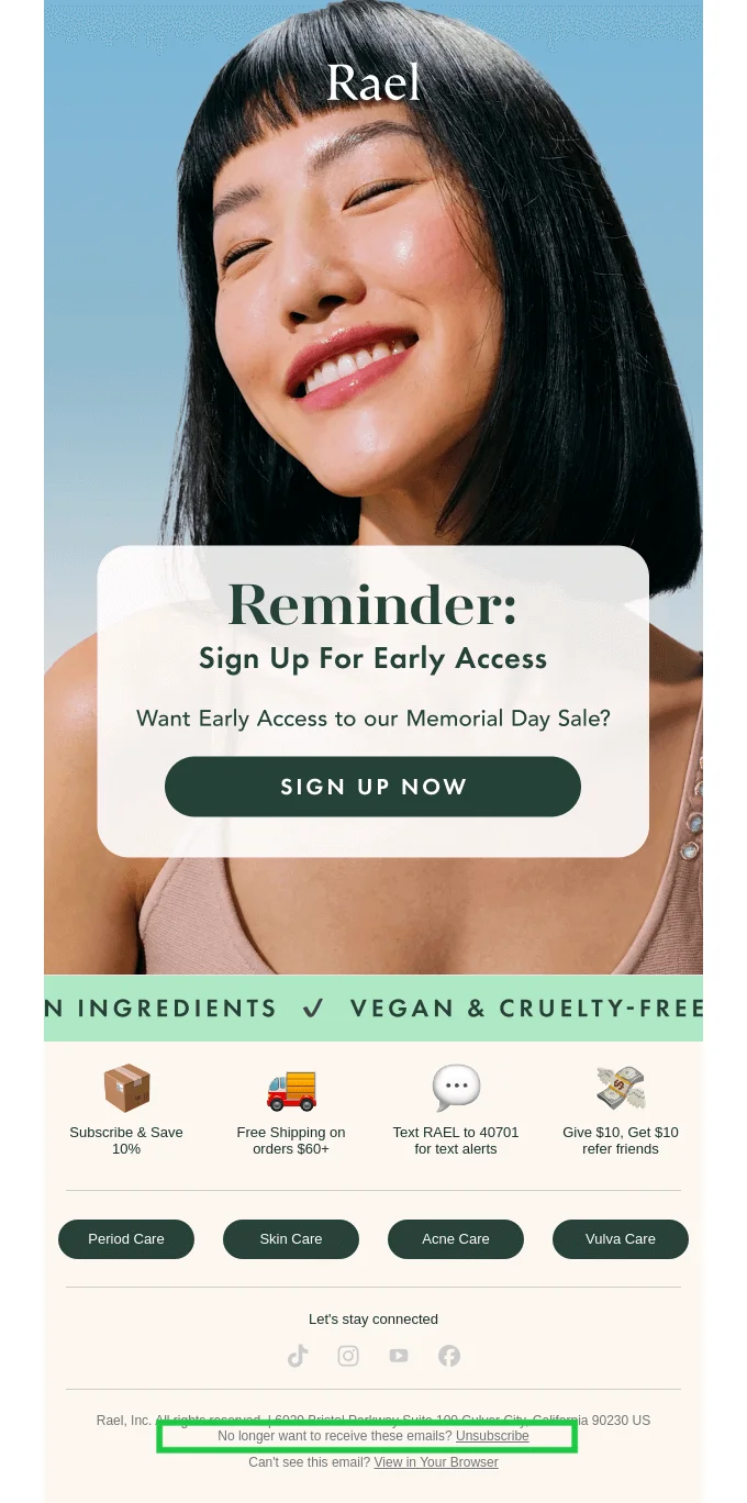 Rael Memorial Day Sale email with early access signup prompt, promotional benefits like free shipping and referral bonuses, product category buttons, and unsubscribe link at the bottom
