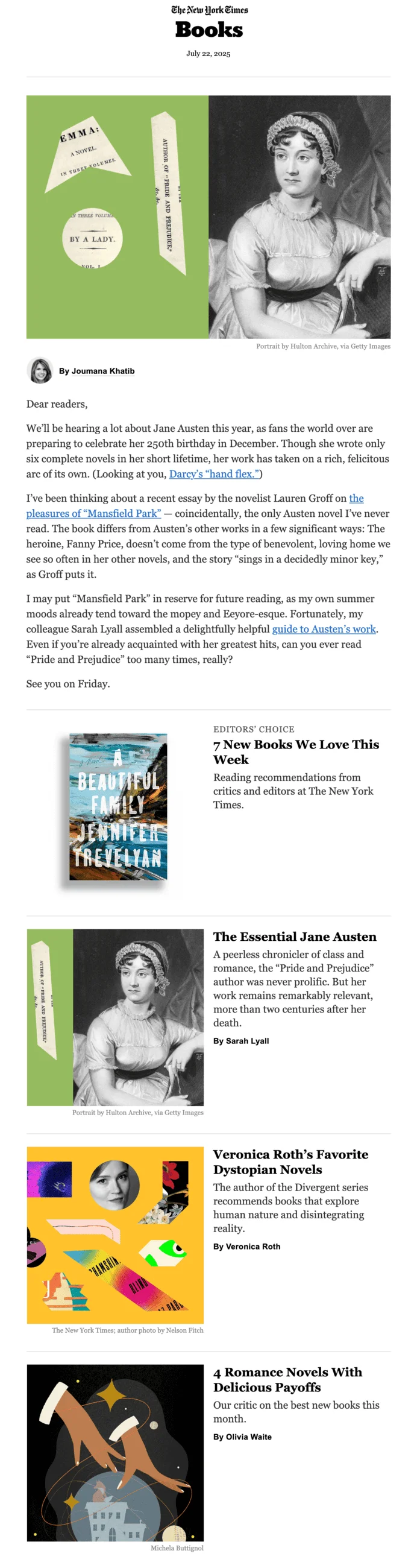 The New York Times Books email newsletter focused on Jane Austen