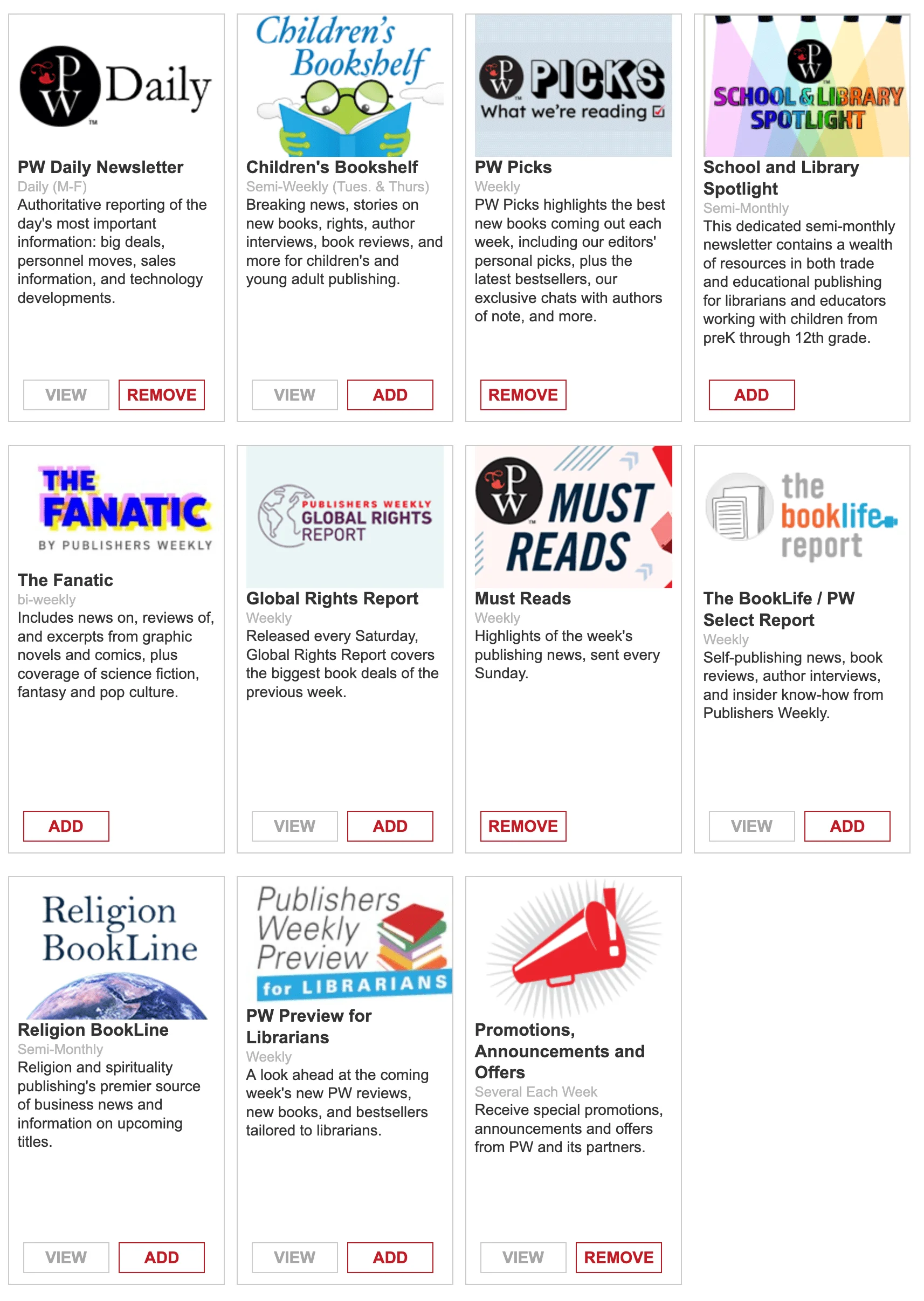 Publishers Weekly newsletters information showing 11 newsletters from PW Daily Newsletter to Promotions, Announcements and Offers newsletter