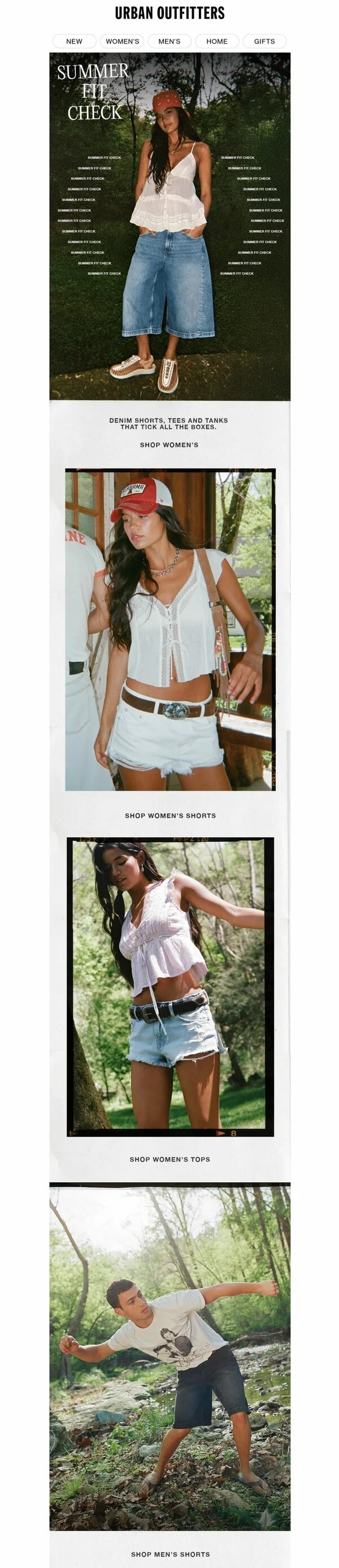 Urban Outfitters summer fashion email featuring the “Summer Fit Check” campaign with lifestyle photos of men’s and women’s outfits, including dresses, tops, shorts, and accessories, designed for outdoor wear and seasonal style inspiration, with CTA buttons to shop by category