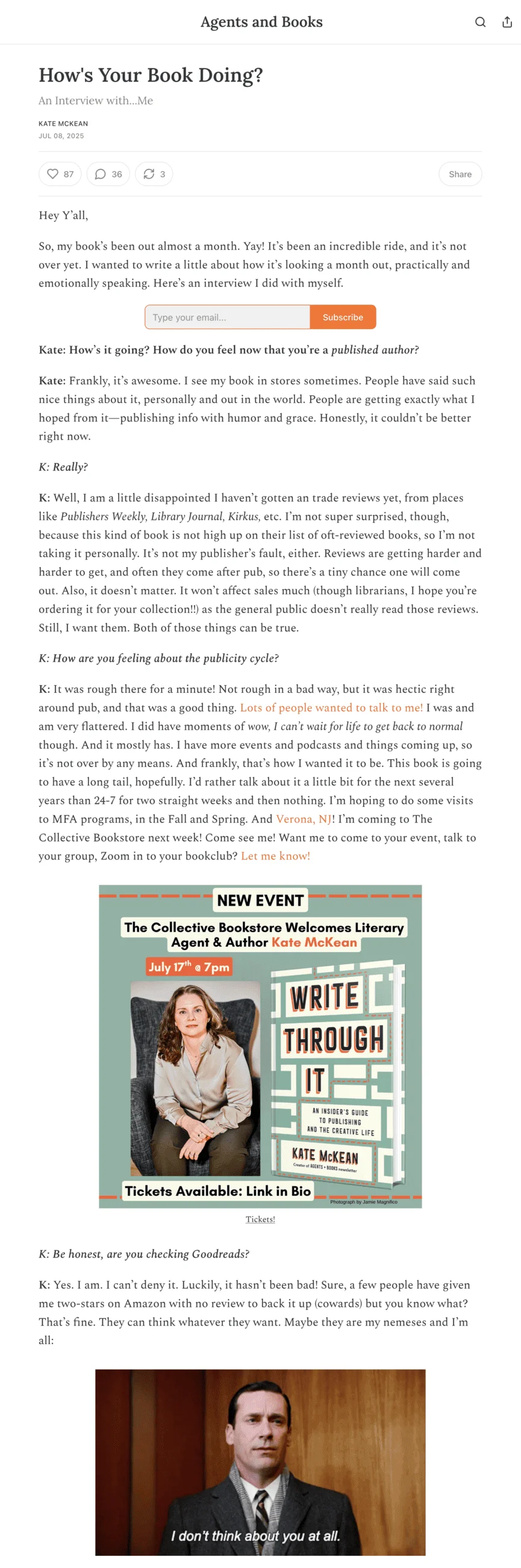 An Agents and Books email newsletter titled “How's Your Book Doing?”