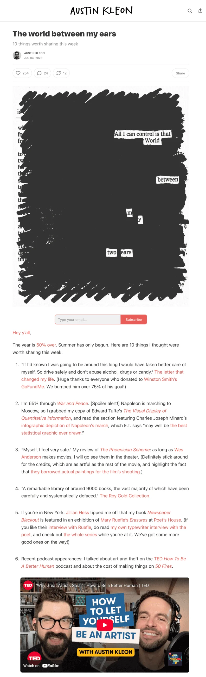 An Austin Kleon email newsletter titled “The world between my ears”
