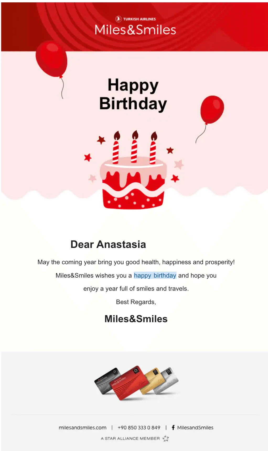 Turkish Airlines Miles&Smiles birthday email featuring a festive personalized greeting, personalized message, and loyalty card visuals