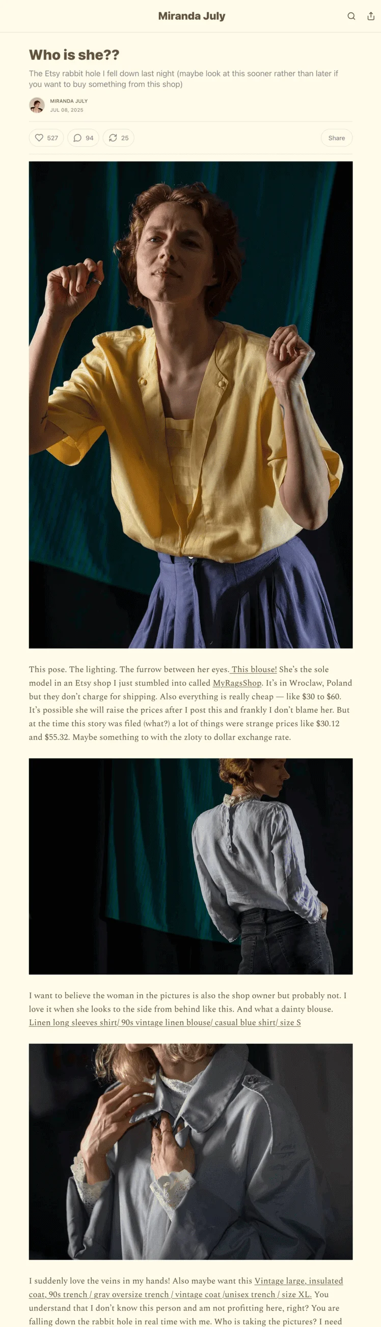 A Miranda July email newsletter titled “Who is she??”