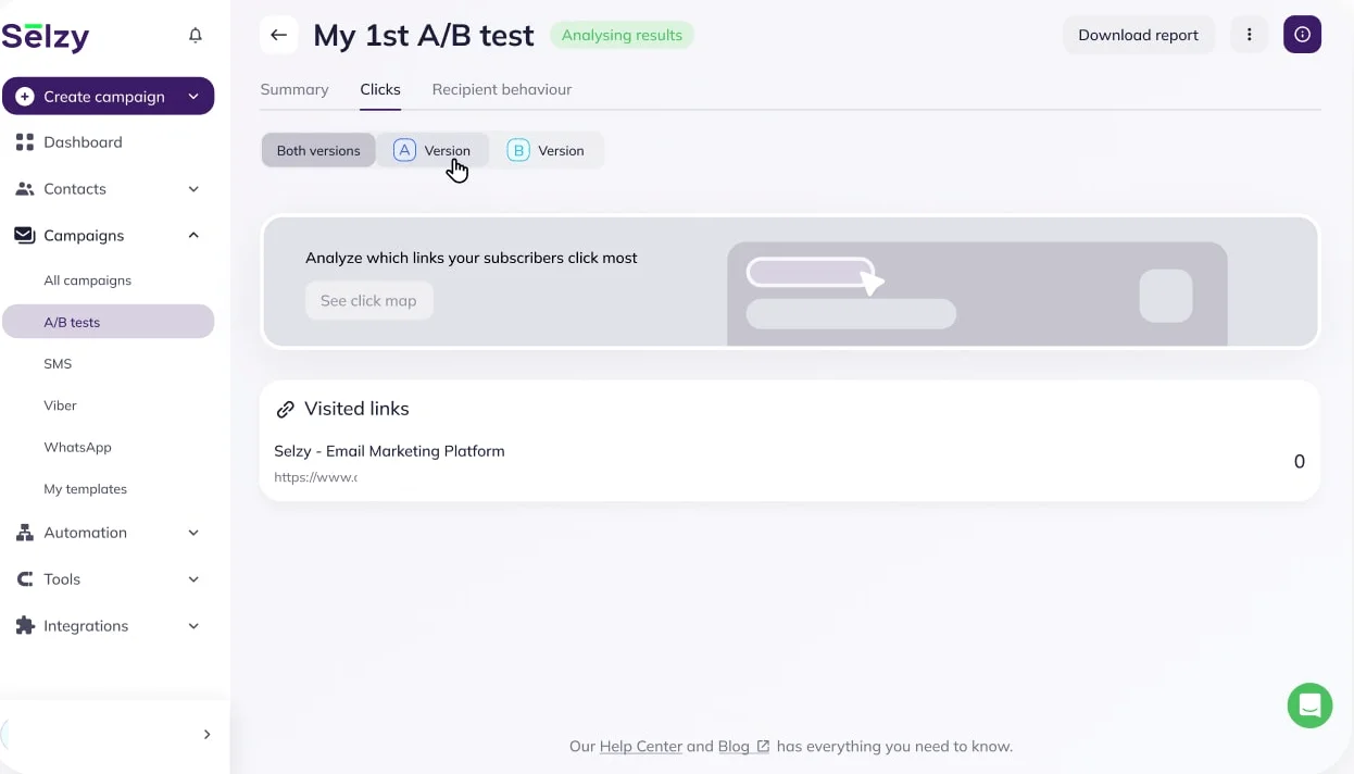 Selzy email marketing platform interface displaying A/B test results, including click analysis and visited links