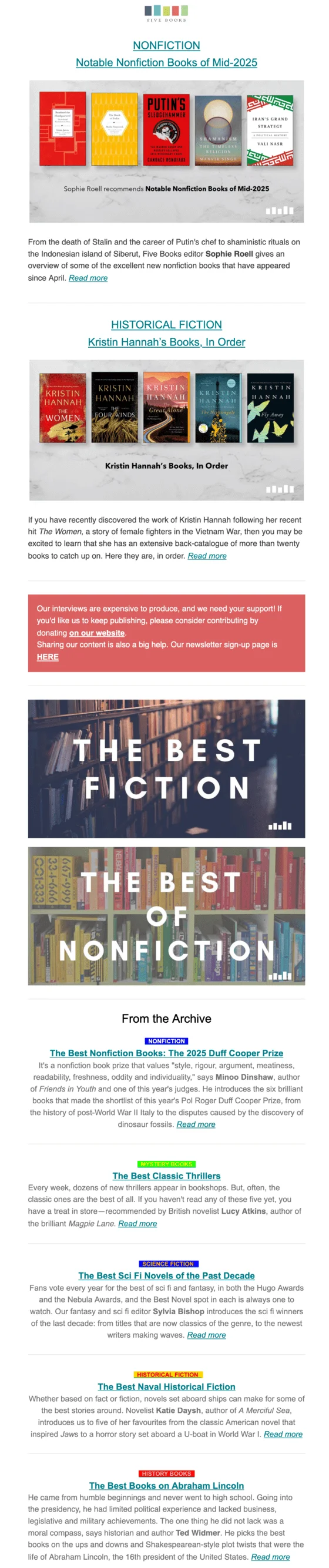 A Five Books newsletter titled “Notable Nonfiction Books of Mid-2025”