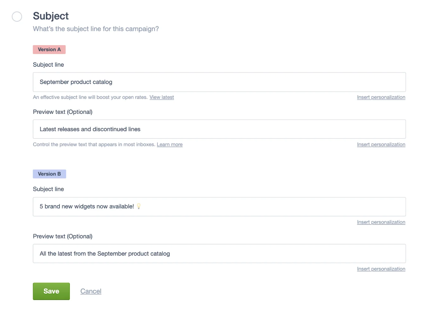 Campaign Monitor A/B subject line testing interface showing Version A and Version B with editable subject lines and optional preview text fields
