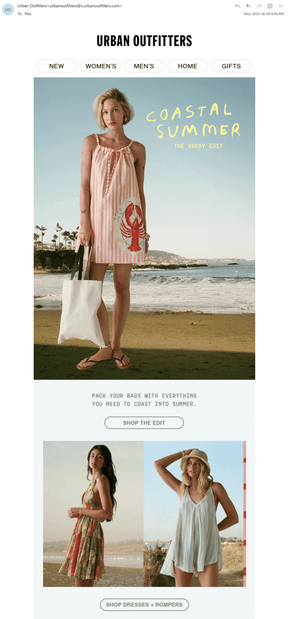 Urban Outfitters coastal summer fashion email featuring the Vacay Edit, with images of women’s beachwear, call-to-action buttons to shop the edit and browse dresses and rompers