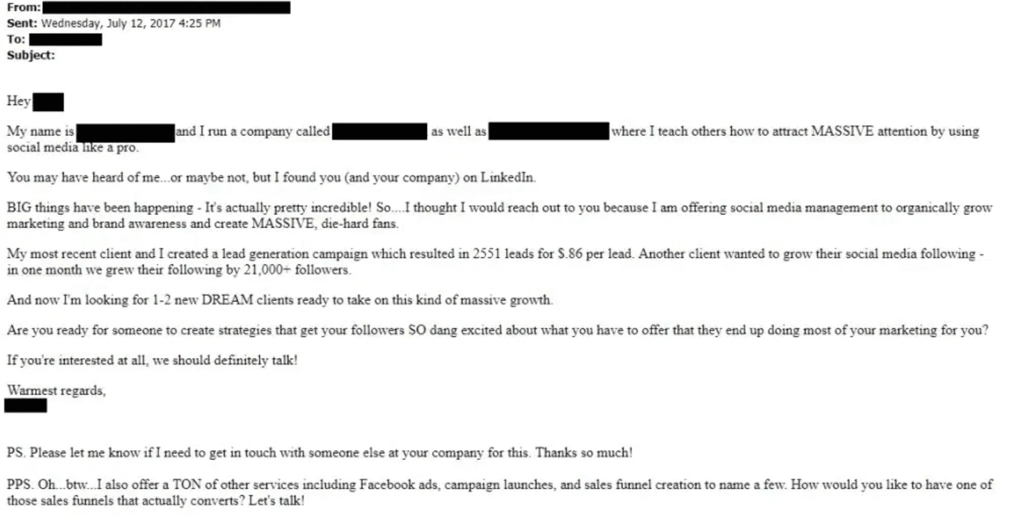 An unprofessional cold outreach email with excessive bolding, exaggerated claims