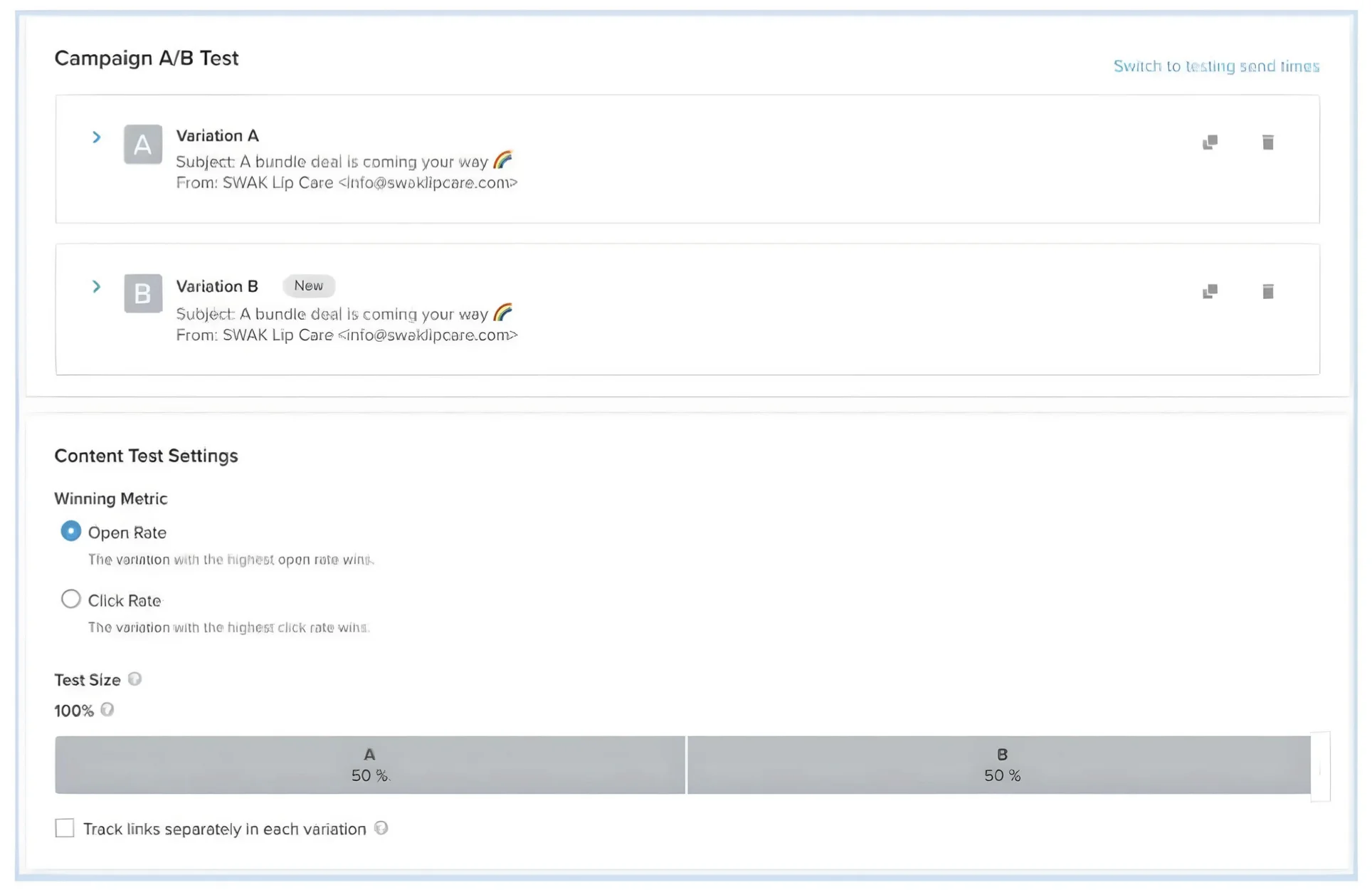 Klaviyo campaign A/B test interface showing Variation A and B with identical subject lines, open rate selected as the winning metric, and test size split at 50%