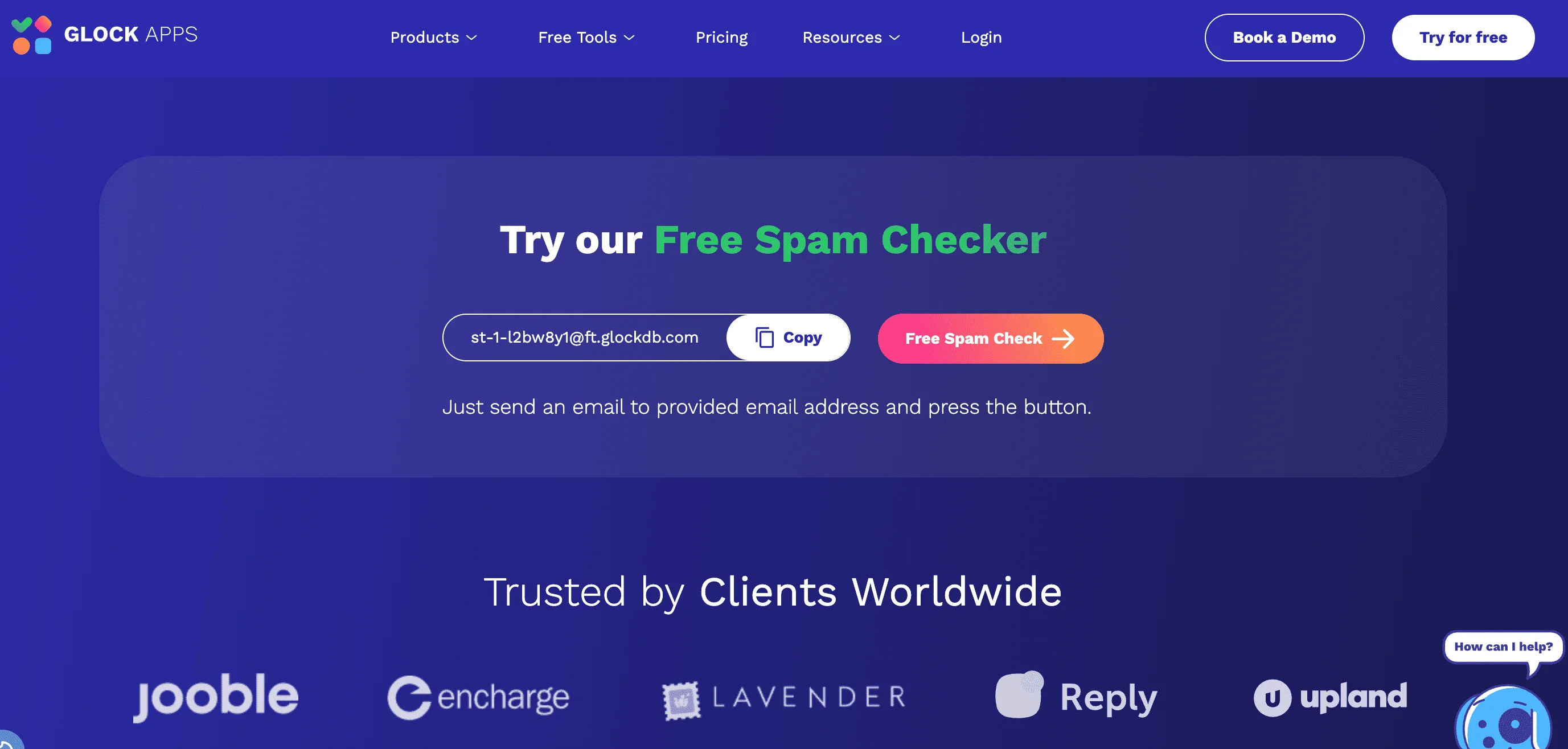 GlockApps’ Free Spam Checker tool interface, showing a custom test email address and a “Free Spam Check” button, with logos of client companies displayed below