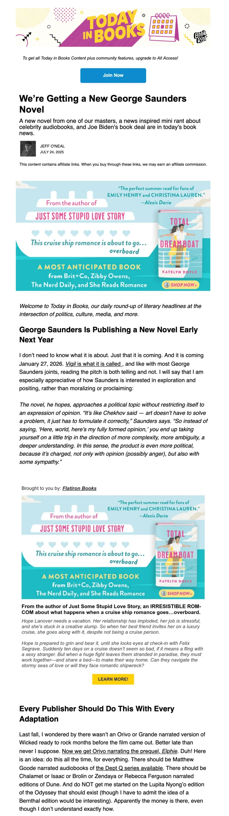 A Today in Books email newsletter with the heading “We’re Getting a New George Saunders Novel”