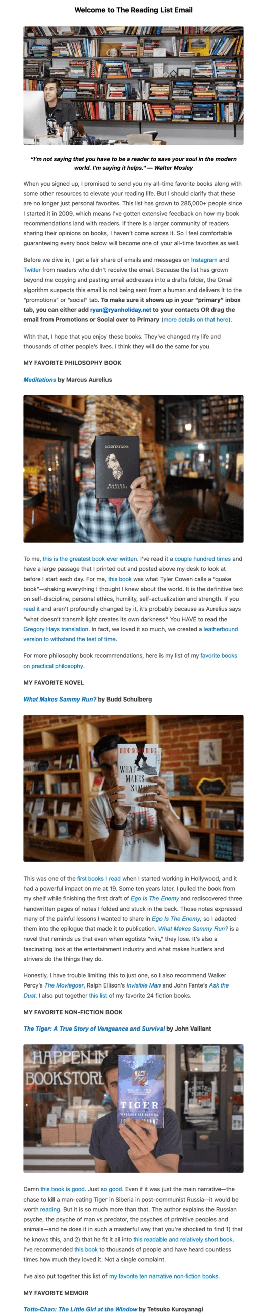 A Reading List email newsletter with the heading “Welcome to The Reading List Email”