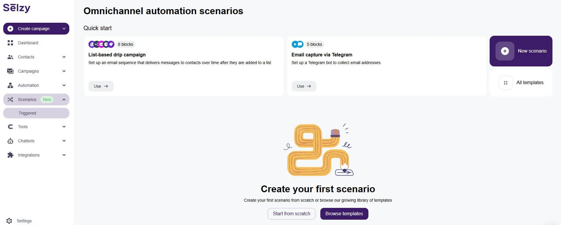 Selzy’s dashboard, with the Scenarios feature highlighted on the left, and the “New scenario” purple button on the top right