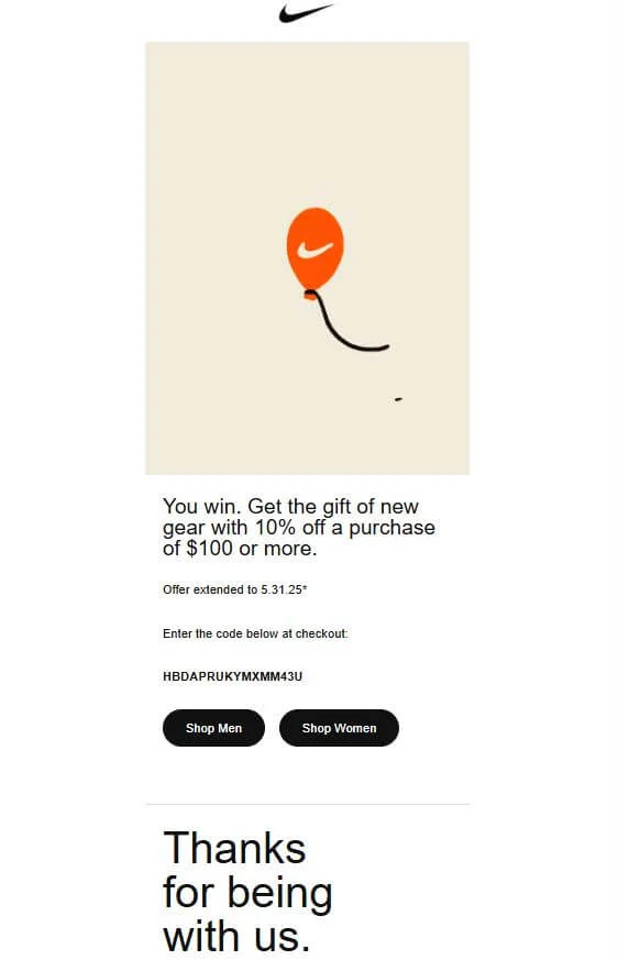 Nike’s birthday email with a 10% discount for purchases of $100 or more and a thank-you message at the end