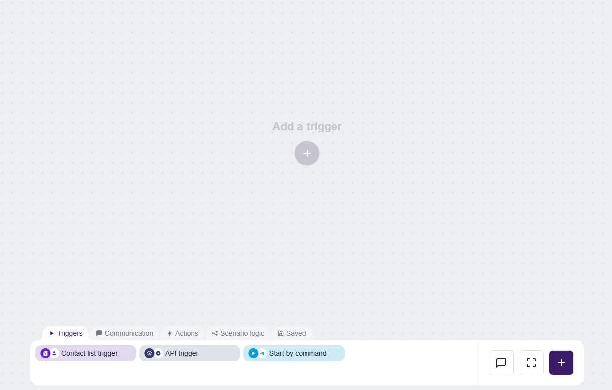 Selzy’s Scenarios editor interface, where the user can create a new email and then set triggers for automation, with the Triggers, Communication, Action, Scenario logic, and Saved block categories available