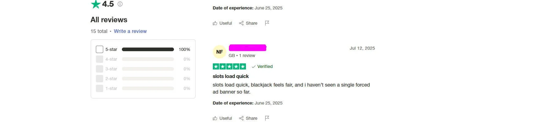 User reviews for an online casino on the website TrustPilot.