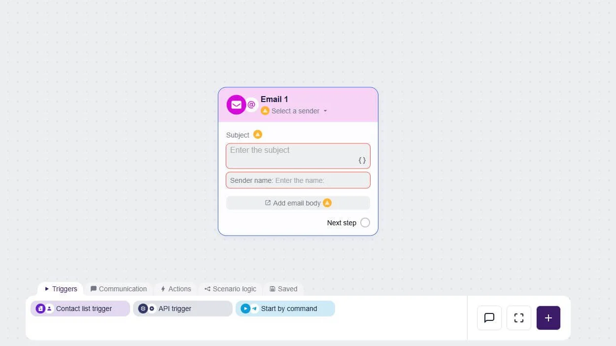 Email block in Selzy’s automation scenarios editor. The user can select a sender, type in the subject and sender name, and add the email body