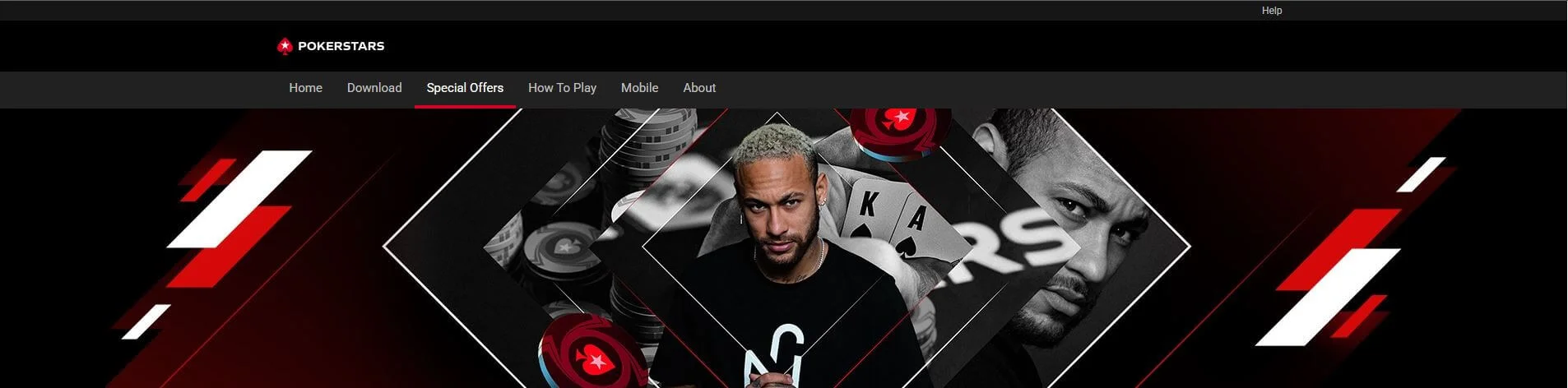 PokerStars promotional banner featuring football star Neymar Jr., who is shown in grayscale with tournament branding and red accents. The image promotes branded events and tournaments with celebrity partnerships, highlighting Neymar Jr. as a PokerStars ambassador.