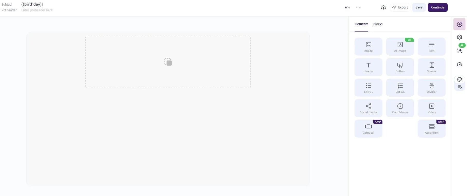 Selzy’s email builder, where the user can design emails by selecting and editing individual elements like image, text, AI image, countdown, etc.