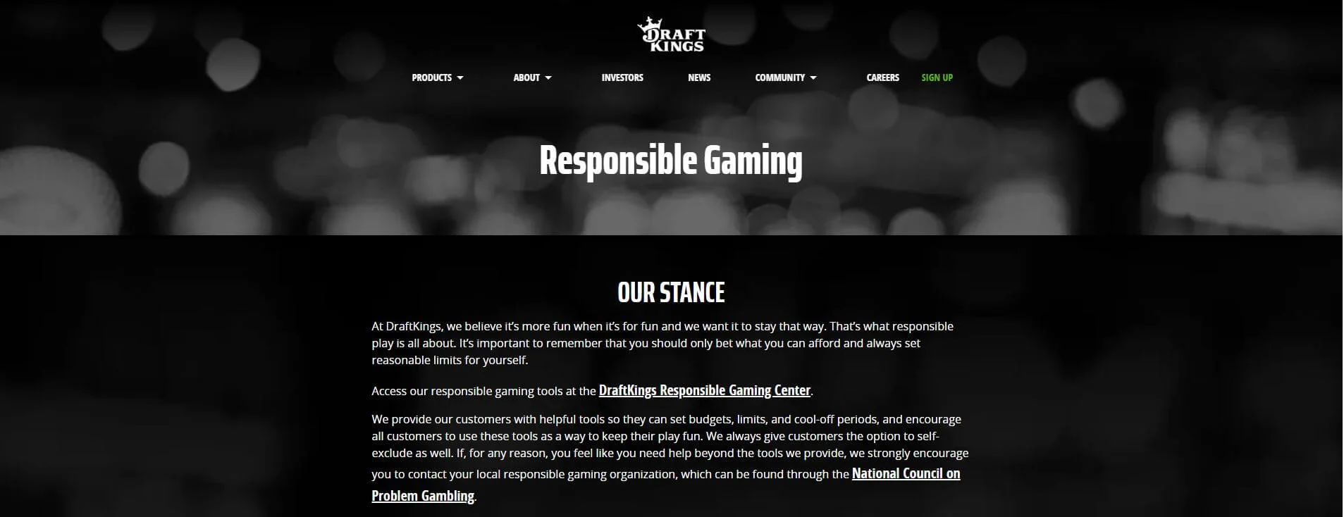 DraftKings' Responsible Gaming landing page displaying the company’s stance on gambling safety, with a dark background and white text outlining support resources and prevention measures.