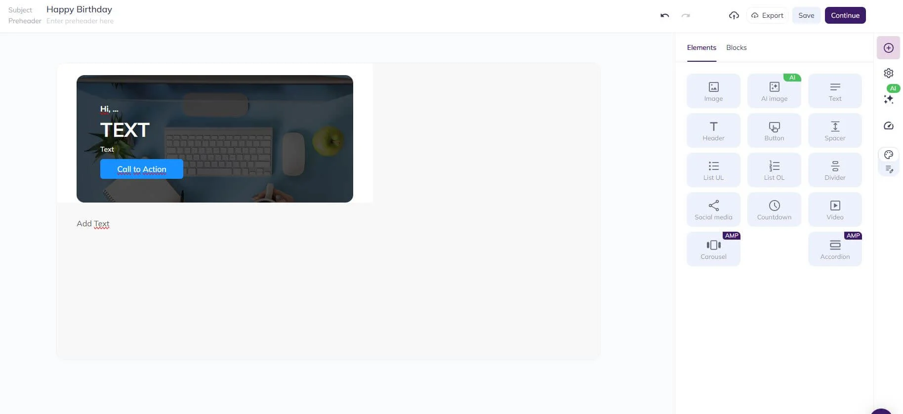 Selzy’s email builder showing an email draft with a banner with a greeting, heading, and a call-to-action button
