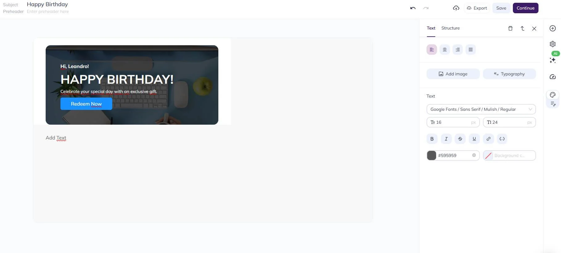 Selzy’s email builder showing the same email draft with the banner now including a happy birthday message, a salutation with a name, and a “Redeem now” CTA button