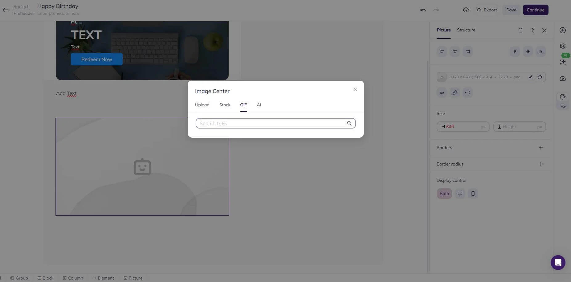 Selzy’s email builder interface with an Image Center pop-up and a GIF search bar