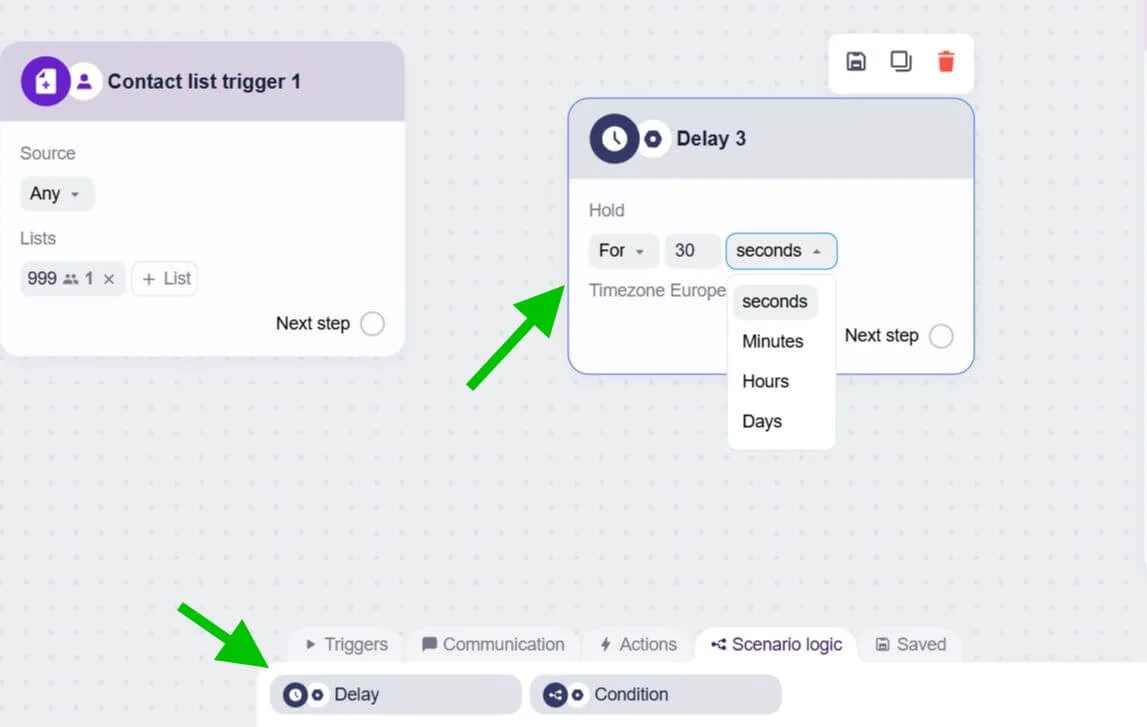 Selzy’s automation builder with arrows pointing to the Delay block with an option to hold for 30 seconds, minutes, hours, or days