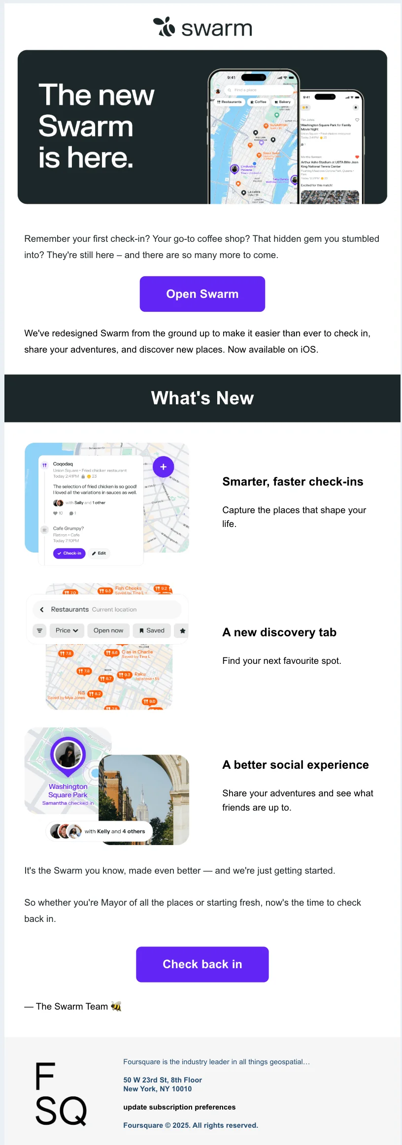 Swarm email announcing a new app design, featuring new check-in, discovery, and social features, with app screenshots and a purple “Check back in” button