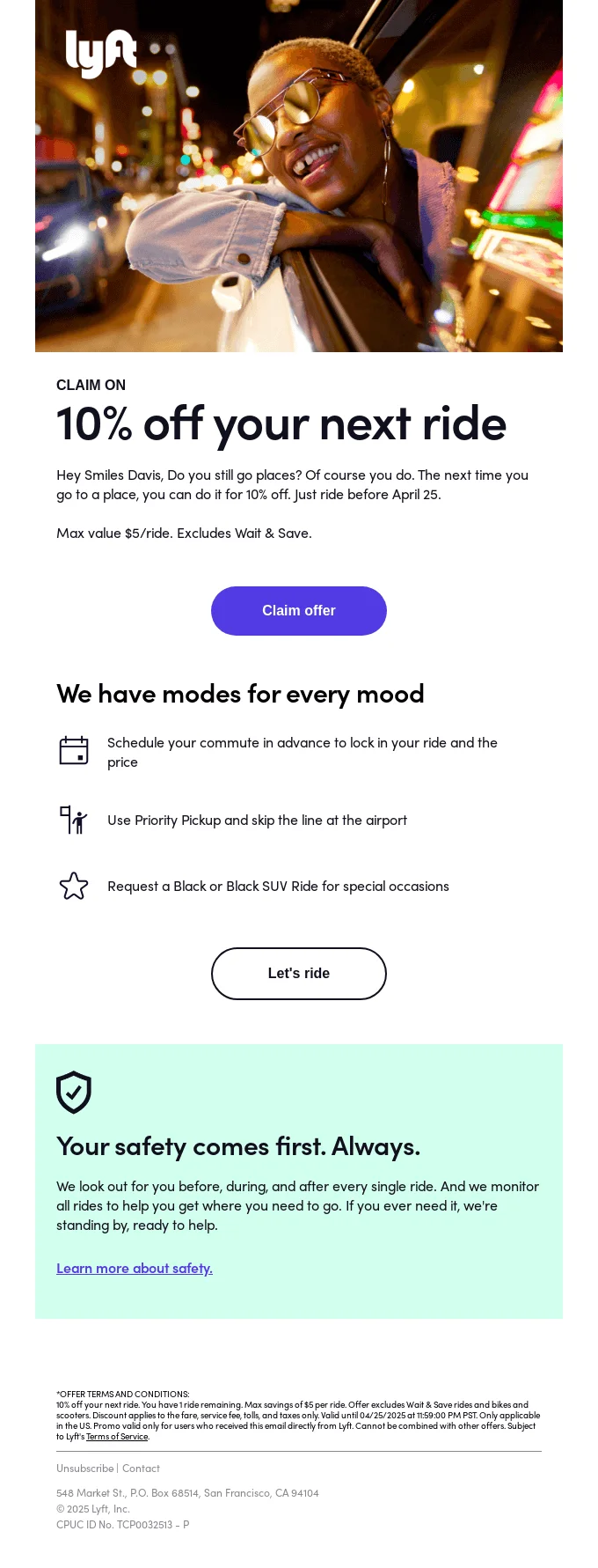 Lyft reactivation email offering 10% off the user’s next ride, highlighting multiple ride options for different needs, and reassuring with a safety message. Includes a bright image of a smiling passenger in a city setting.
