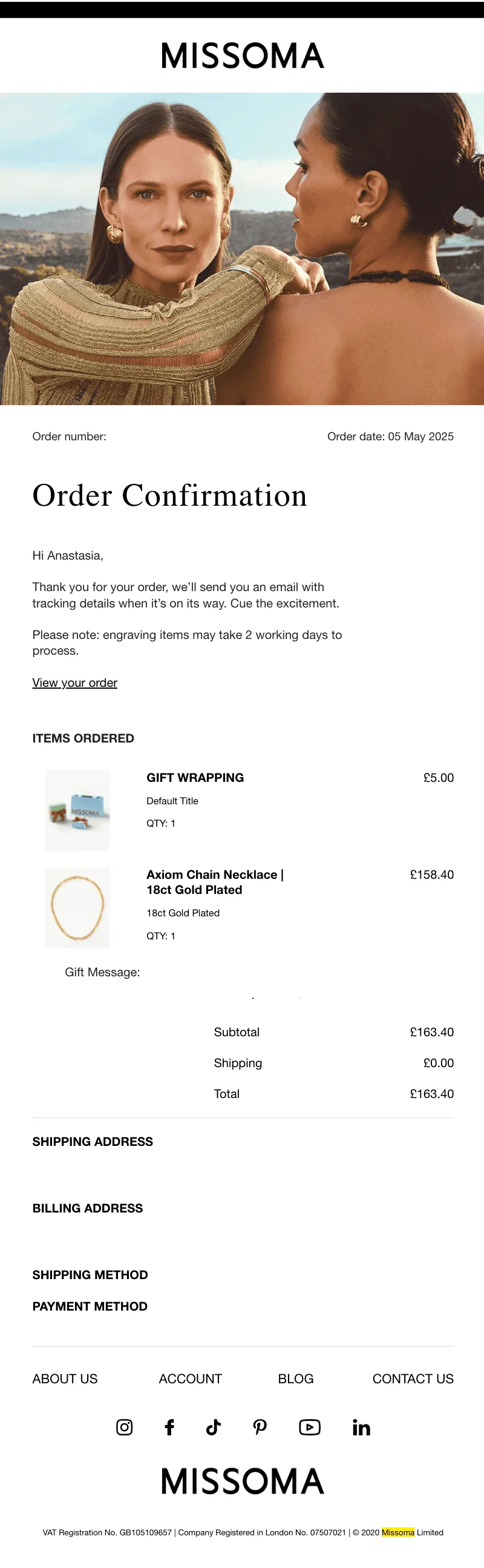 Order confirmation email from Missoma showing the product image, items purchased, pricing, and personalized message field