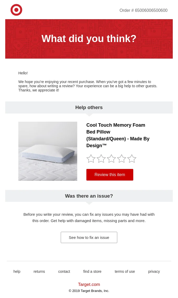 Target post-purchase email asking the customer to review a recently bought Cool Touch Memory Foam Bed Pillow, with options to rate the product or report any issues with the order.