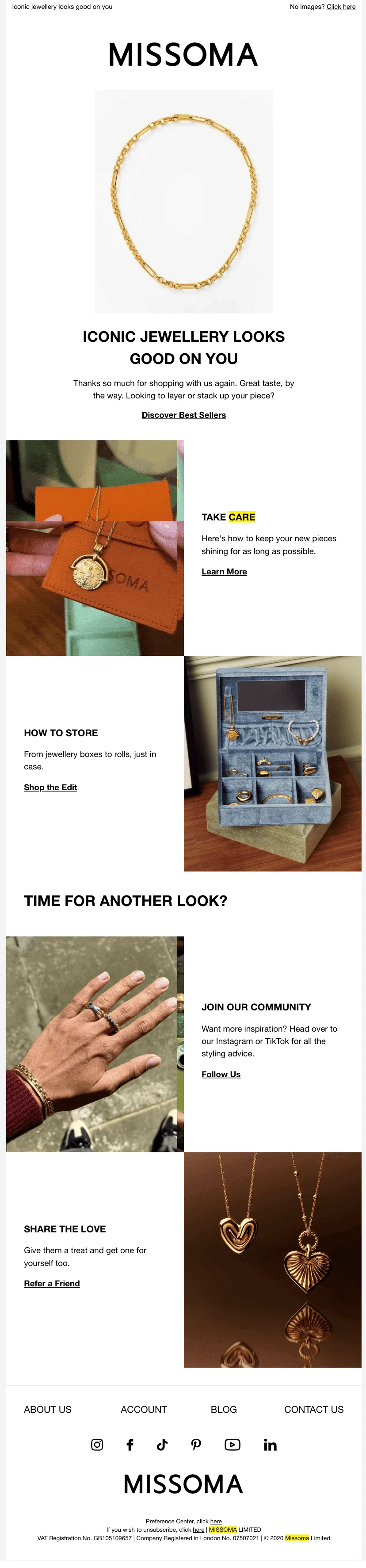 Missoma post-purchase follow-up email showcasing a gold necklace, styling tips, jewellery care and storage solutions, community links, and referral program invitation