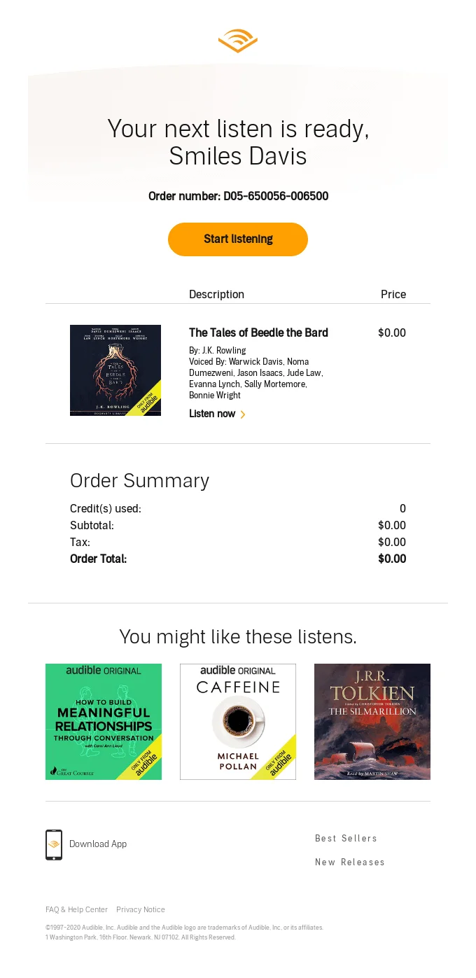 Audible order confirmation email showing that the audiobook “The Tales of Beedle the Bard” is ready to listen, with a $0.00 order total. The email includes an order summary and recommendations for other audiobooks like “Meaningful Relationships,” “Caffeine,” and “The Silmarillion.”