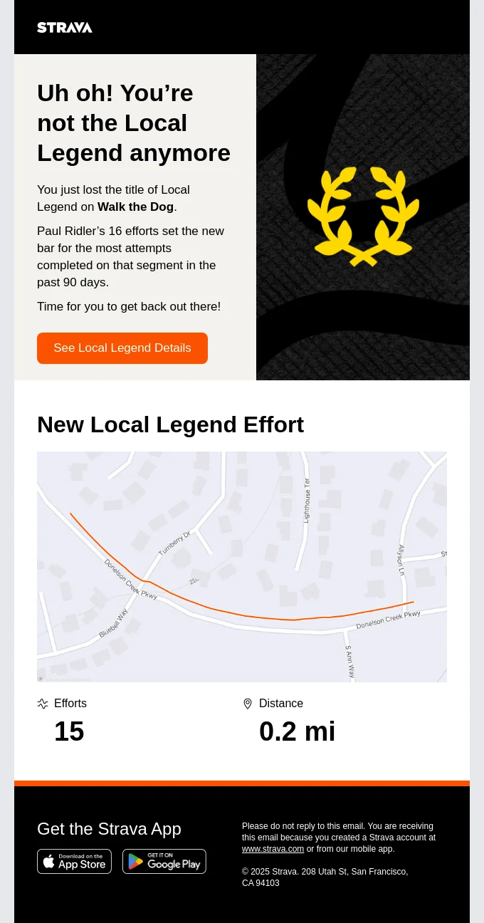 Strava notification email informing the user they’ve lost the Local Legend title on a route called “Walk the Dog.” The email shows a map of the route, highlights the new record holder’s 16 efforts, and encourages the user to reclaim their status.