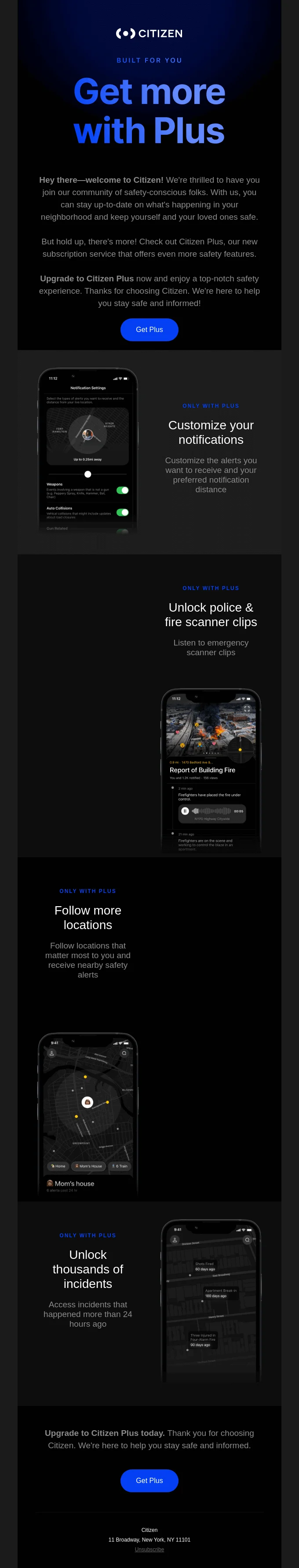 Citizen Plus email highlighting premium features like custom alerts, police and fire scanner access, extended incident history, and multiple location tracking with mobile app visuals