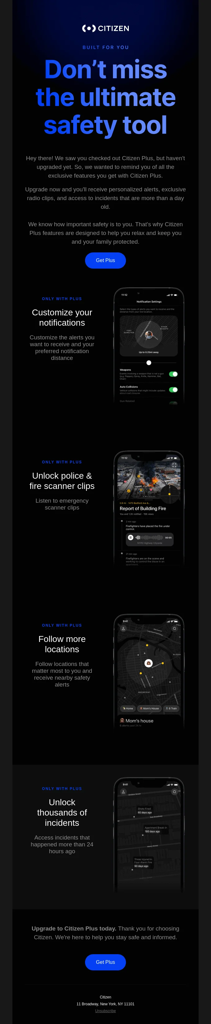 Citizen Plus reminder email featuring exclusive benefits like customizable alerts, scanner access, and extended incident history with mobile interface previews to encourage upgrade